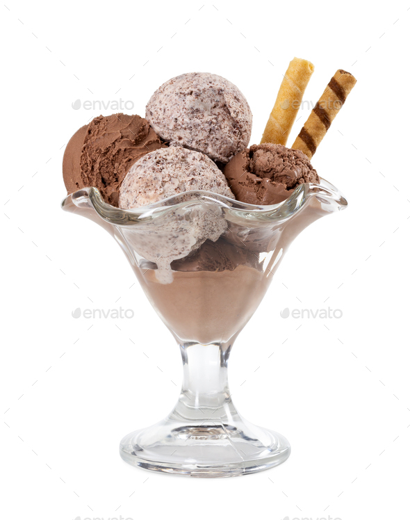 Chocolate ice cream in glass vase isolated on white Stock Photo by